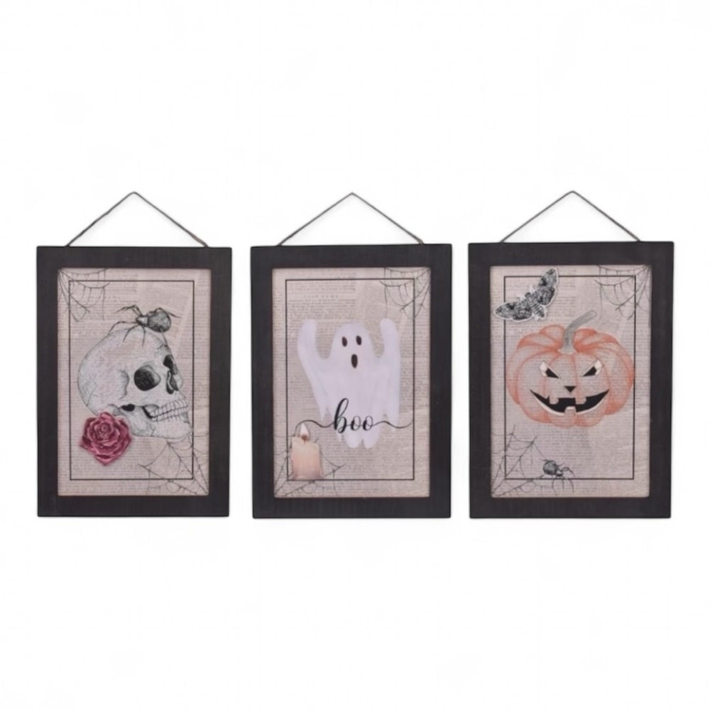 Halloween Newspaper Print Wood Framed Decorations Pumpkin, Skull and Ghost